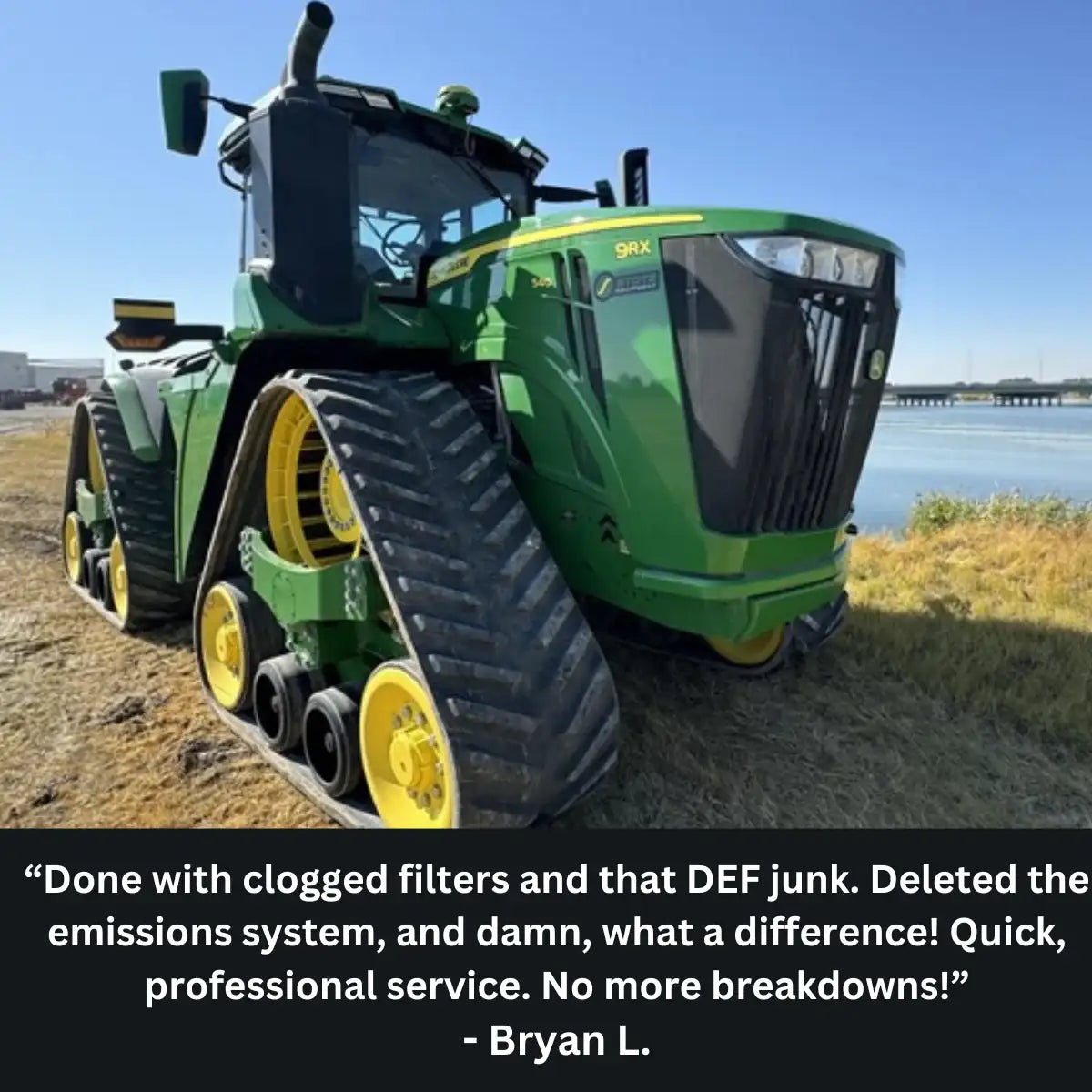 Green tracked tractor with a quote about filter maintenance and service quality.