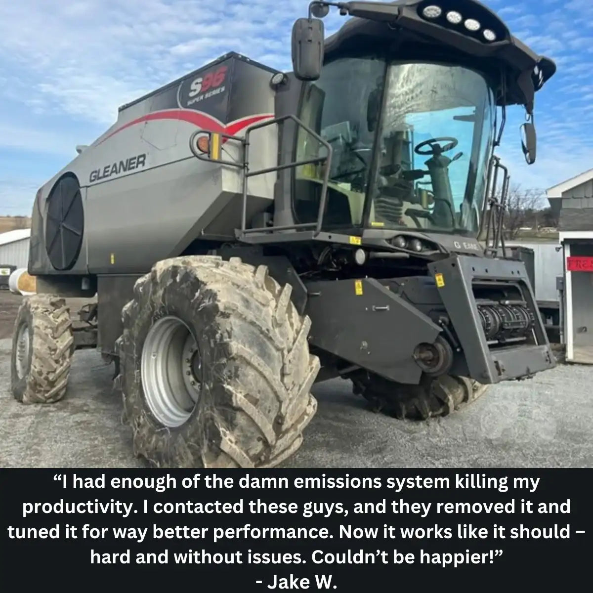 Gleaner agricultural combine with text about emissions system issues